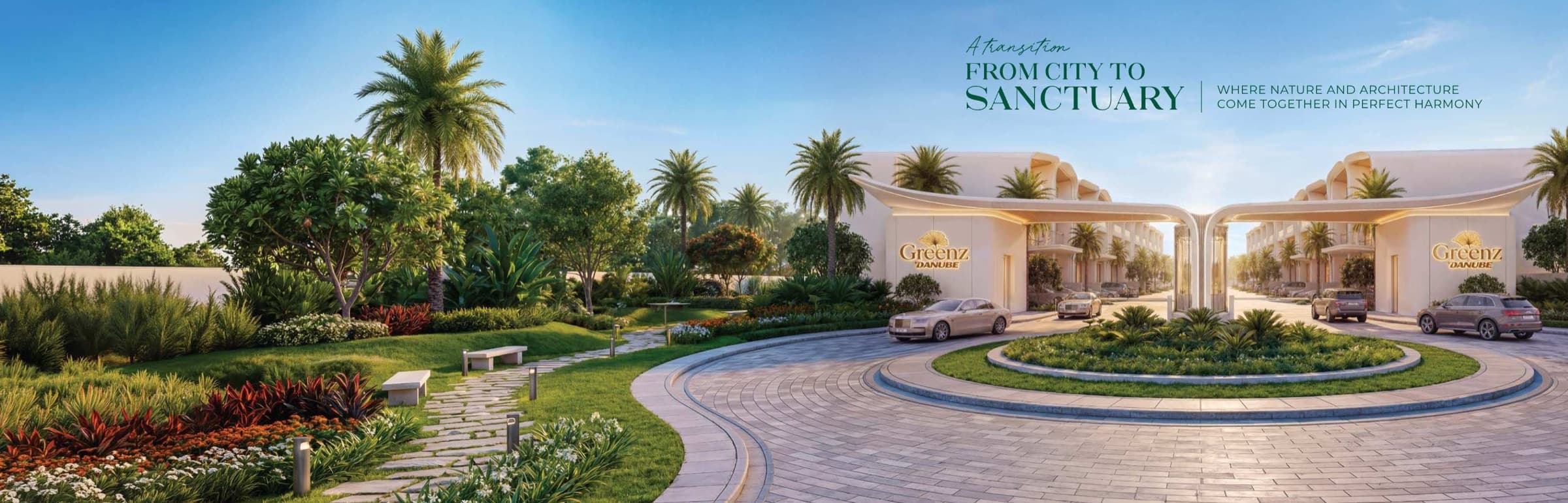 Danube Greenz — gated entrance arrival from City to Sanctuary