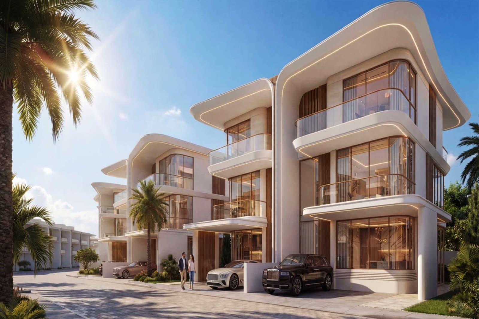 Danube Greenz — daylight twin villa with palm trees and luxury cars